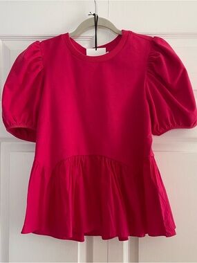 English Factory Girls Puff Sleeve Peplum Top - Hot Pink